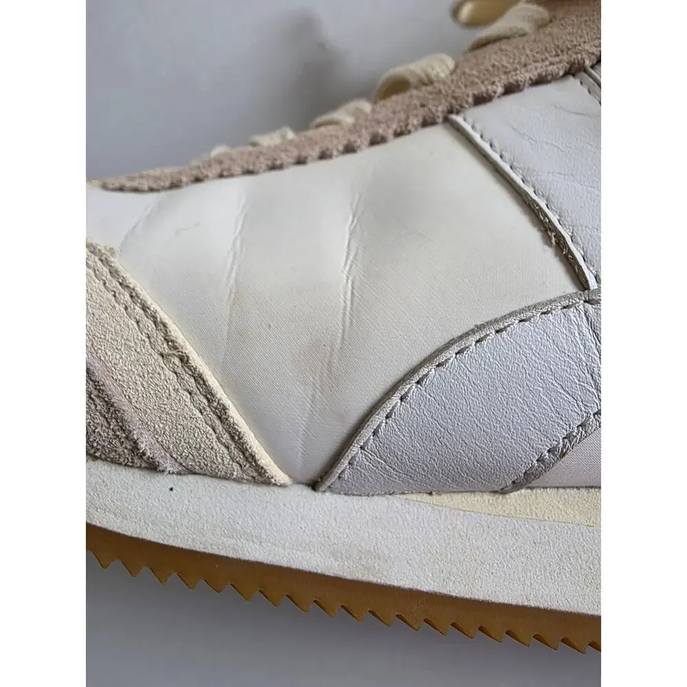 Tory Burch Hank Logo Leather Suede Lace Up Sneakers White Beige Size 10